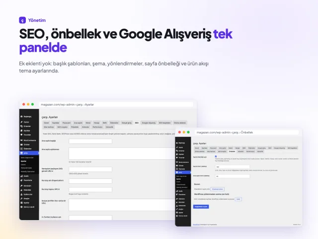 WordPress yönetiminde çarşı. SEO ve önbellek ayarları