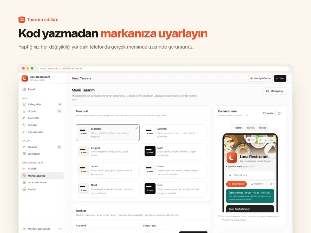 Canlı önizlemeli menü tasarım editörü