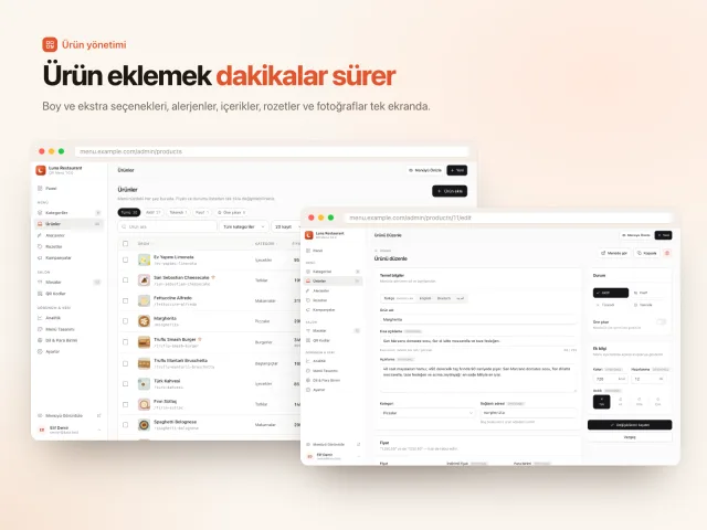 Ürün listesi ve ürün düzenleme ekranı