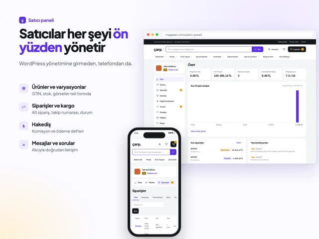 Ön yüz satıcı paneli: özet, satış grafiği ve siparişler