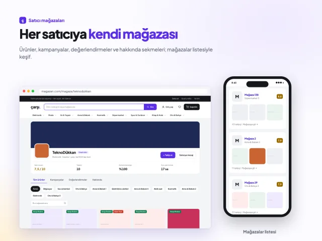 Satıcı mağaza sayfası ve mağazalar listesi