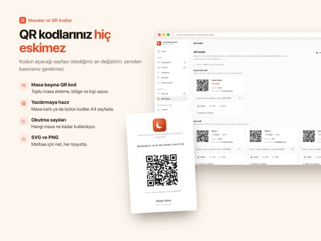 Masa başına QR kodlar ve yazdırılabilir masa kartı