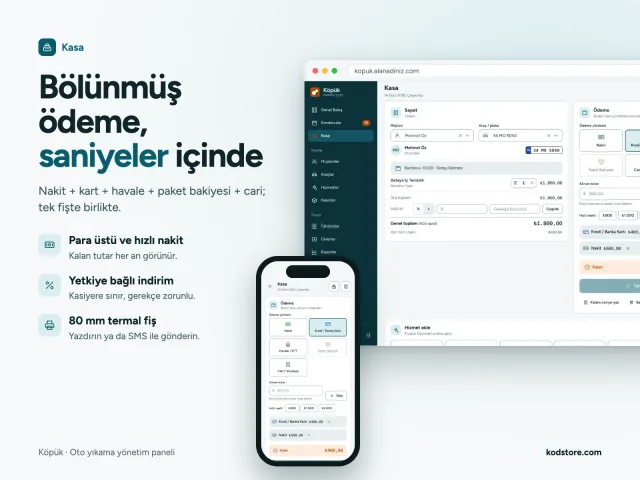 Nakit, kart, havale, paket ve cari ile bölünmüş ödeme yapılan kasa ekranı