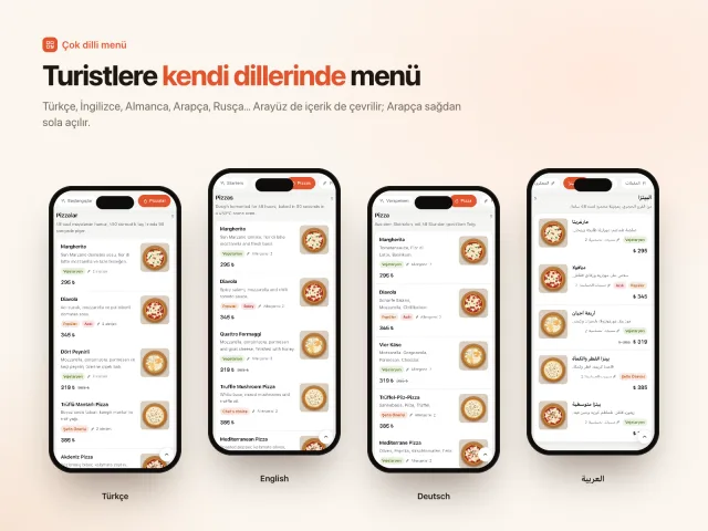 Türkçe, İngilizce, Almanca ve Arapça menü
