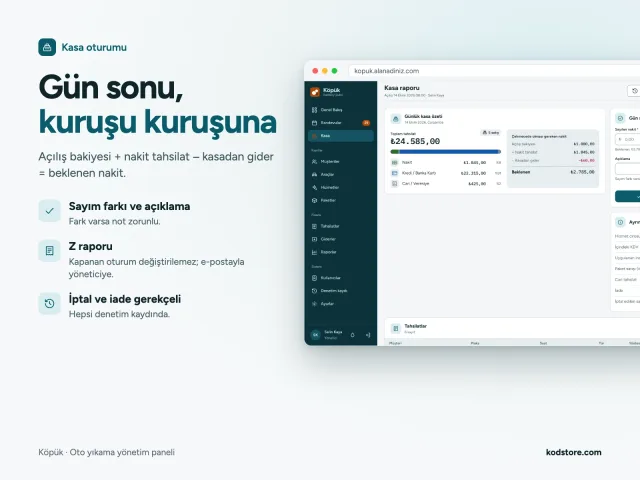 Kasa oturumu: beklenen nakit, sayım ve Z raporu