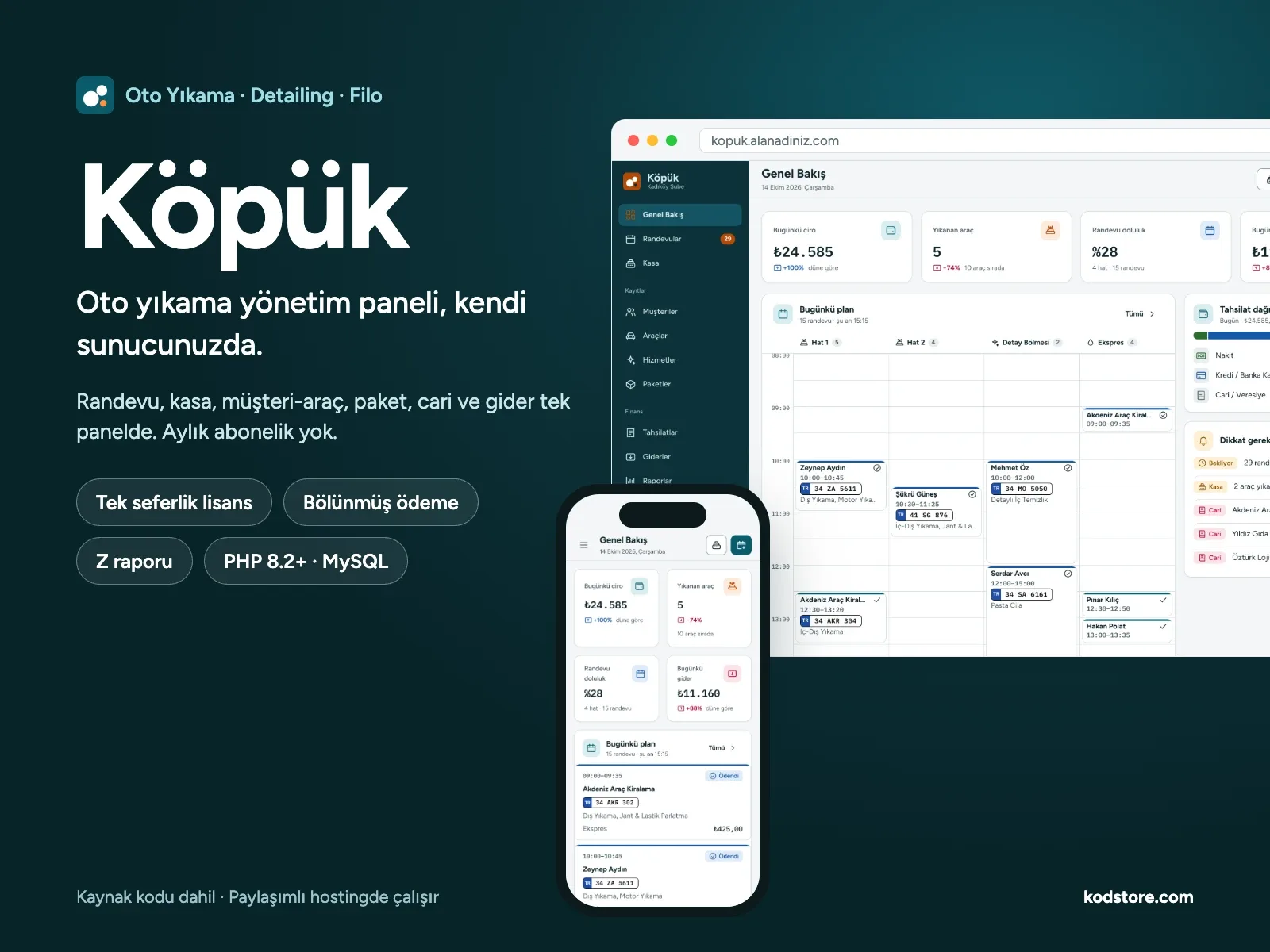 Köpük: oto yıkama yönetim paneli, randevu ve kasa ekranları