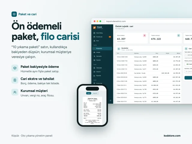 Ön ödemeli yıkama paketi, kurumsal cari ekstre ve 80 mm fiş