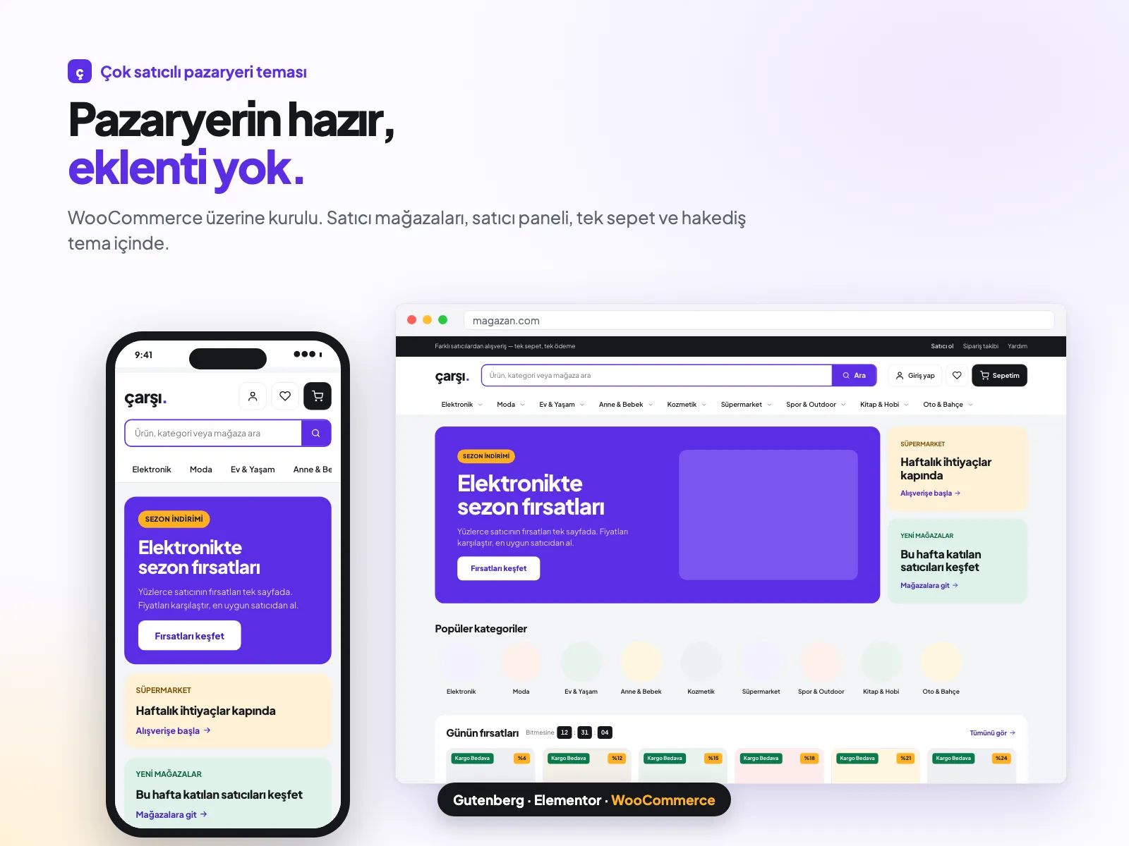 çarşı. çok satıcılı pazaryeri WordPress teması: masaüstü ve mobil ana sayfa