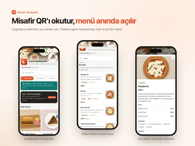 Telefonda açılan QR menü: kategoriler, arama ve ürün detayı