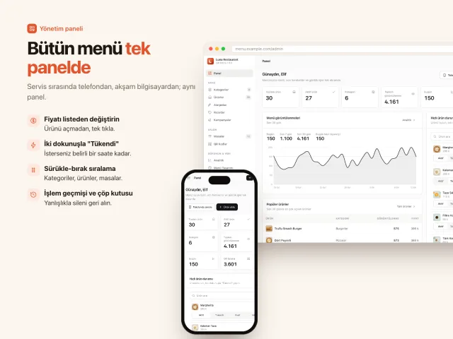 QR Menü yönetim paneli ana ekranı ve mobil yönetim